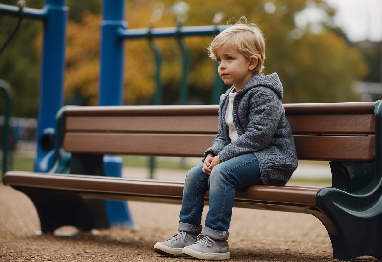 A child sits alone on a playground bench, avoiding eye contact with others. Their body language shows a lack of engagement and interest in social interactions