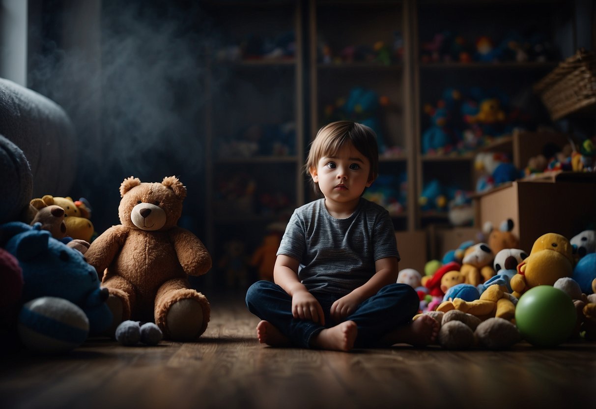 A child sits alone, surrounded by toys left untouched. A dark cloud looms overhead, casting a shadow over the room. The child's slumped posture and downcast eyes convey a sense of overwhelming sadness