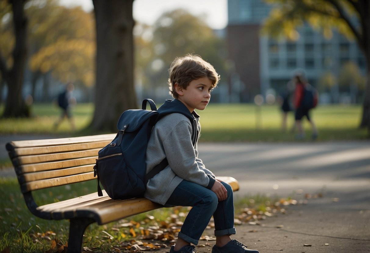 A child sits alone on a bench, avoiding school activities. A backpack lies abandoned beside them, while other students play and participate in the background