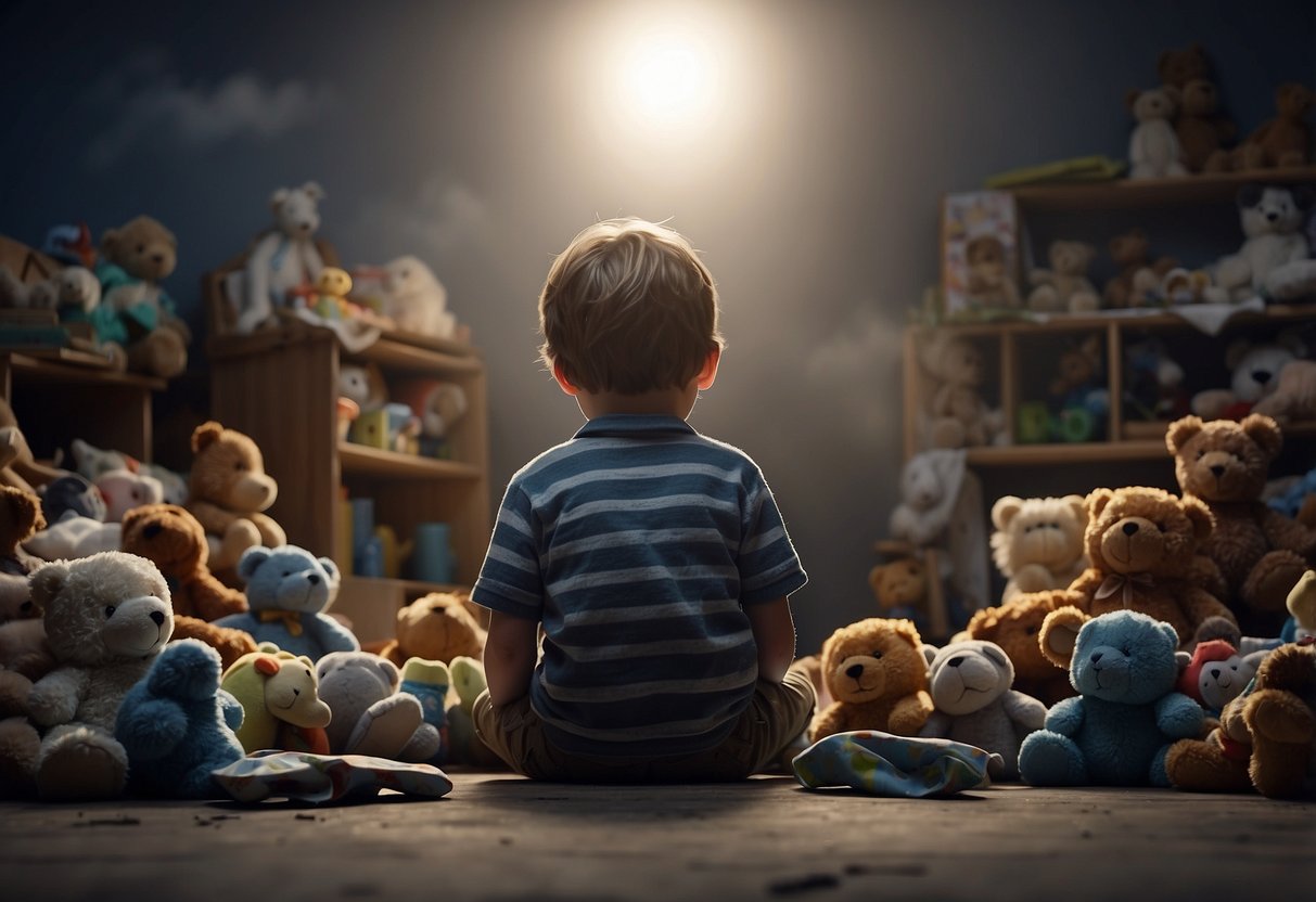 A child sitting alone, head bowed, surrounded by broken toys and crumpled drawings. A dark cloud hovers overhead, casting a shadow on the child's slumped shoulders