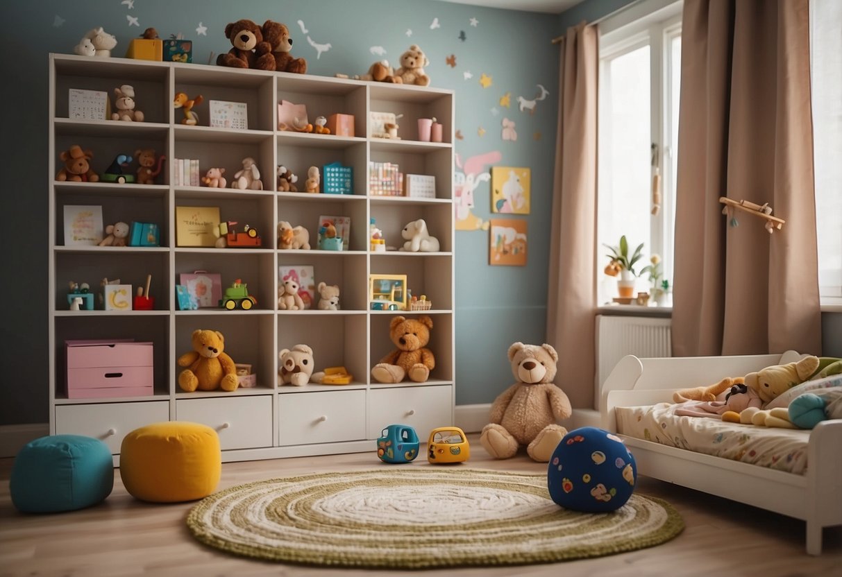 A child's bedroom with toys scattered and a bookshelf filled with educational materials. A calendar on the wall with appointments and therapy sessions marked