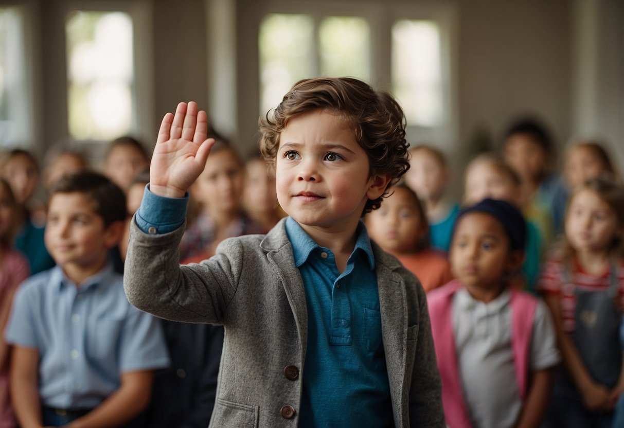 A child standing confidently with a raised hand, speaking assertively in front of a group. A supportive adult looks on, nodding in approval. Visual aids and resources are displayed nearby