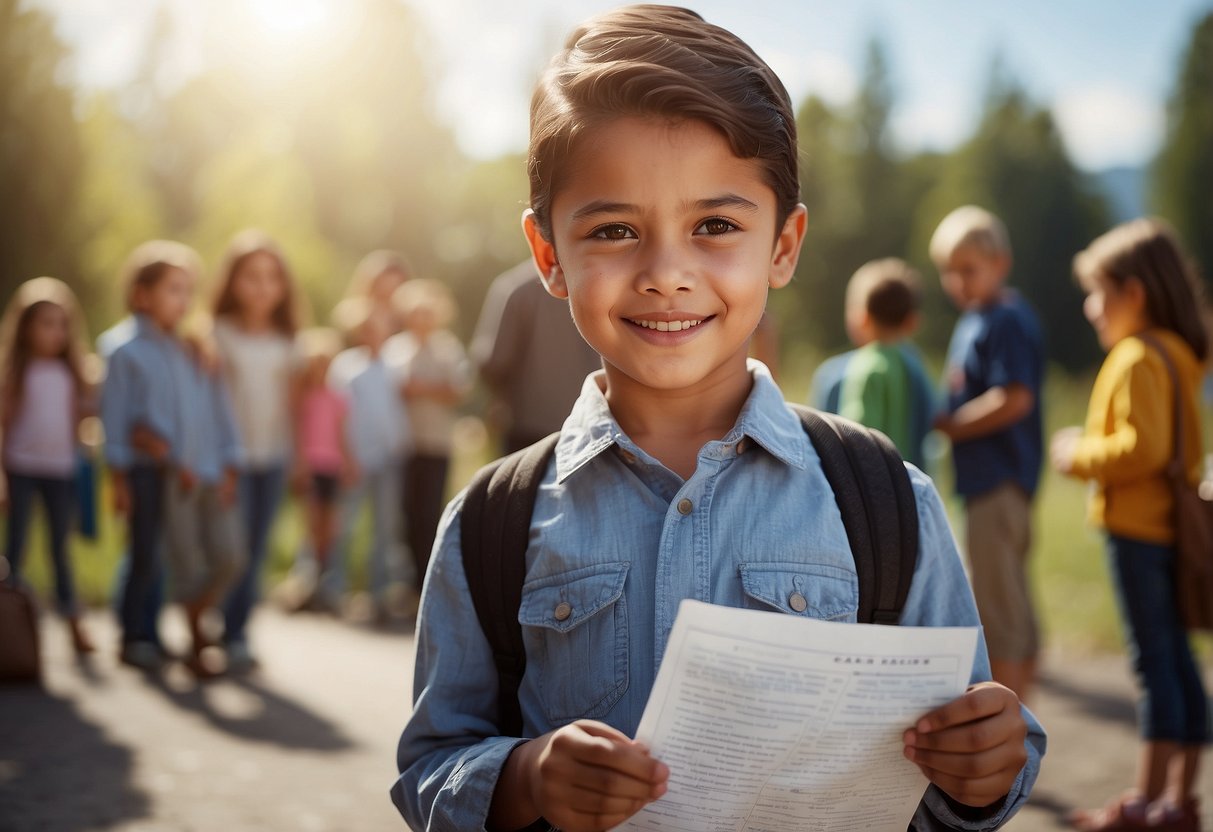 A child stands confidently with a list of goals in hand, surrounded by supportive figures offering guidance and encouragement