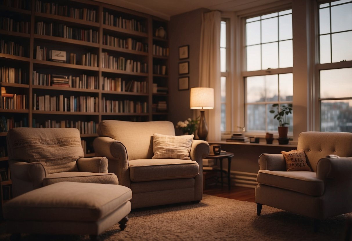 A cozy living room with soft lighting, a comfortable chair, and a warm cup of tea. A bookshelf filled with self-help books and calming music playing in the background