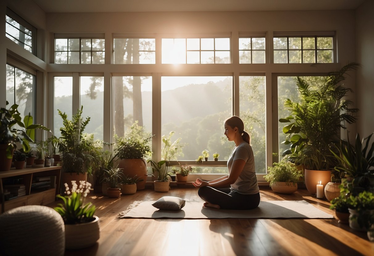 A serene morning scene with a parent engaging in self-care activities like meditation, exercise, and journaling, surrounded by calming elements like candles, plants, and soothing music