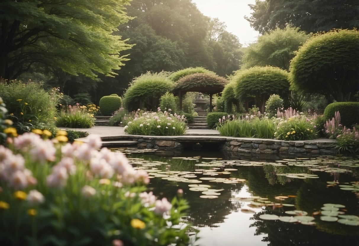 A serene garden with a peaceful pond, surrounded by blooming flowers and lush greenery. A gentle breeze rustles the leaves, creating a calming atmosphere for relaxation and self-care