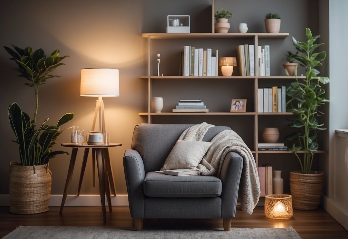 A peaceful bedroom with soft lighting, a comfortable chair, and a bookshelf filled with self-care resources. A calming atmosphere with soothing colors and a sense of tranquility