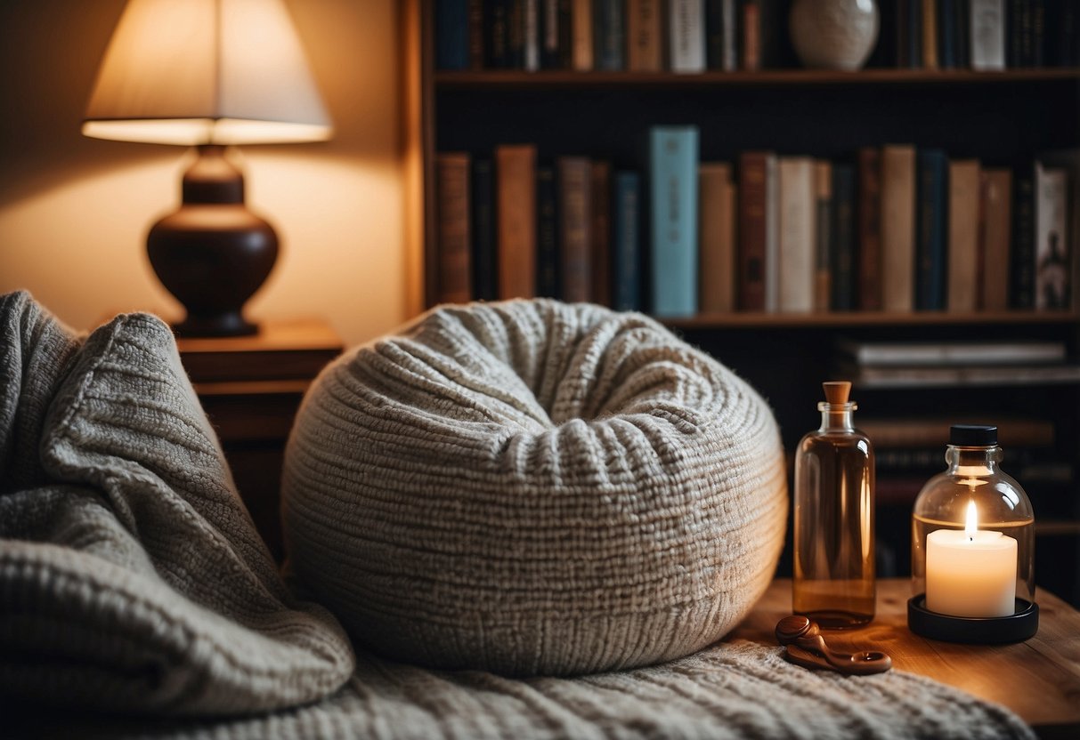 A cozy corner with soft pillows, a warm blanket, and a soothing essential oil diffuser. A bookshelf filled with self-care books and a calming sound machine completes the space