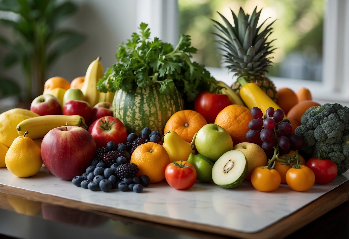 A colorful array of fresh fruits and vegetables arranged on a table, with a variety of healthy food options and a glass of water, symbolizing the importance of maintaining a healthy diet for self-care