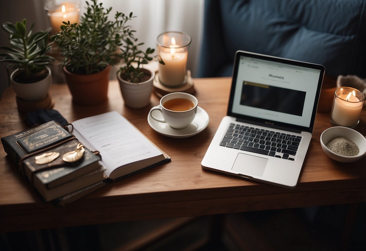 A parent sits at a desk, surrounded by self-care items like a journal, tea, and a cozy blanket. A support hotline number is posted nearby