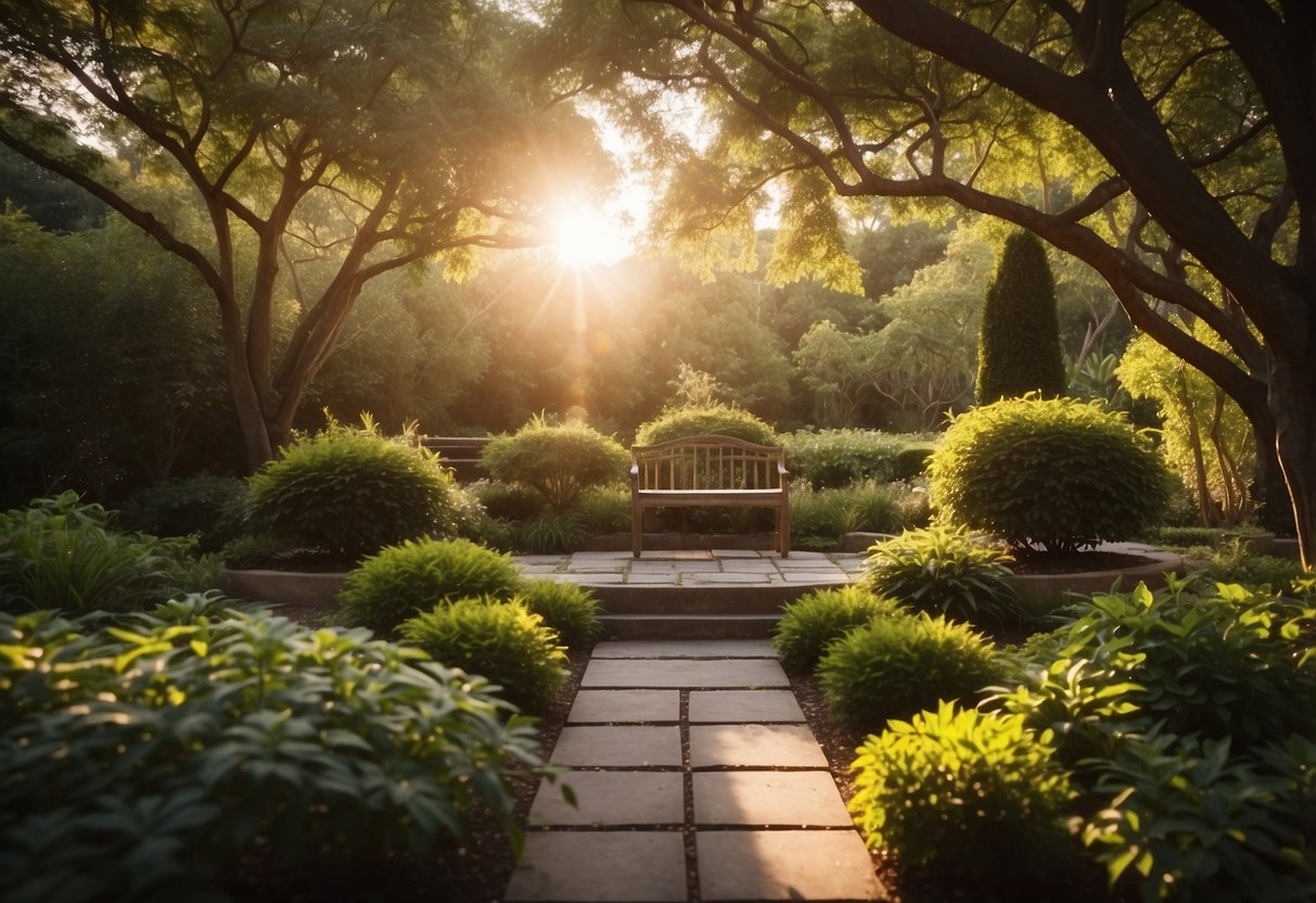 A serene sunrise over a tranquil garden, with a cozy meditation space nestled among the greenery. A soft, warm light filters through the leaves, creating a peaceful and inviting atmosphere for finding inner peace