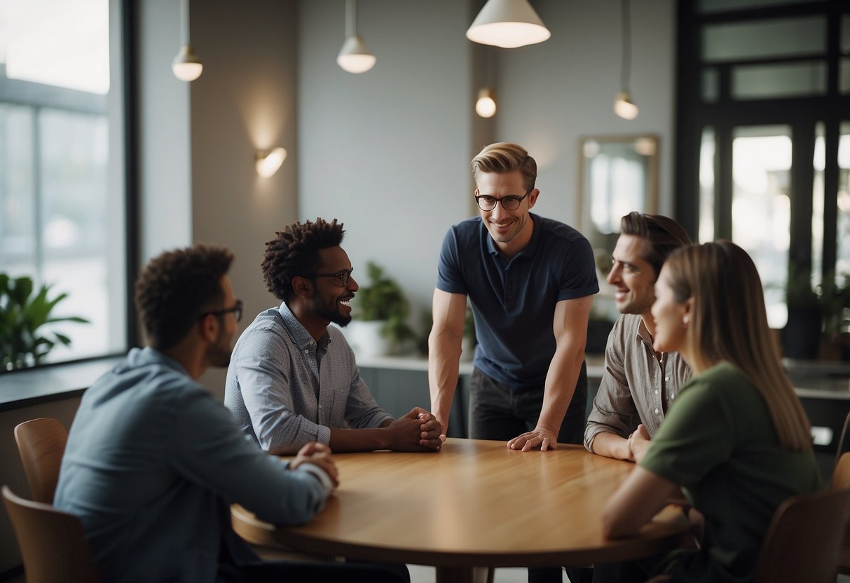 A group of individuals gather in a circle, engaging in conversation and offering support. In the background, a clock on the wall shows the passing of time