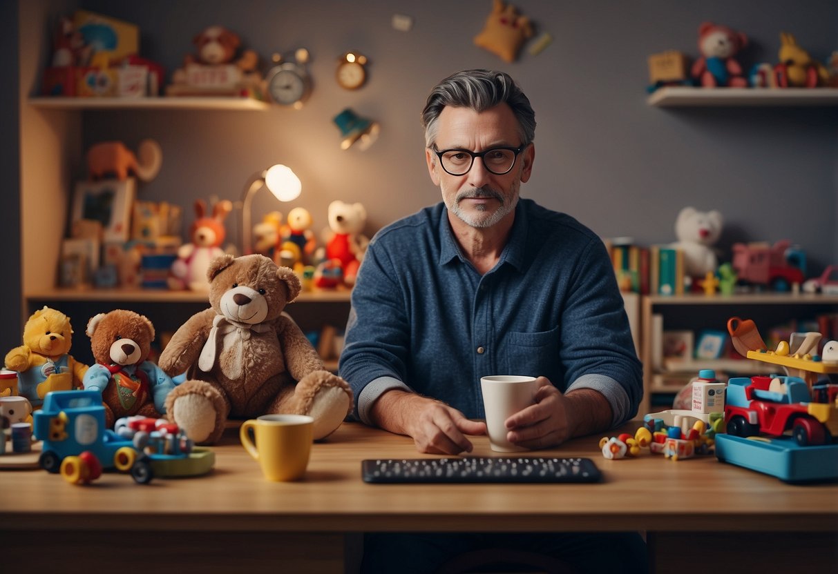 A parent sitting at a desk, surrounded by a clutter of toys and therapy equipment. A calendar on the wall shows scheduled appointments. The parent is holding a cup of tea, looking exhausted but determined