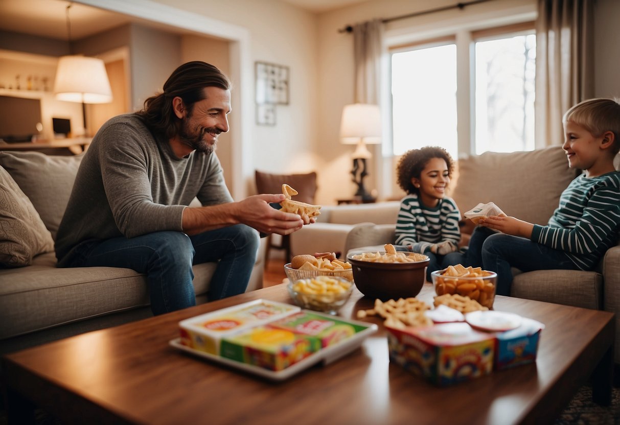 A cozy living room with a table set for a family game night, surrounded by board games and snacks. A parent is sitting nearby, enjoying a moment of relaxation while their special needs child is engaged in the game