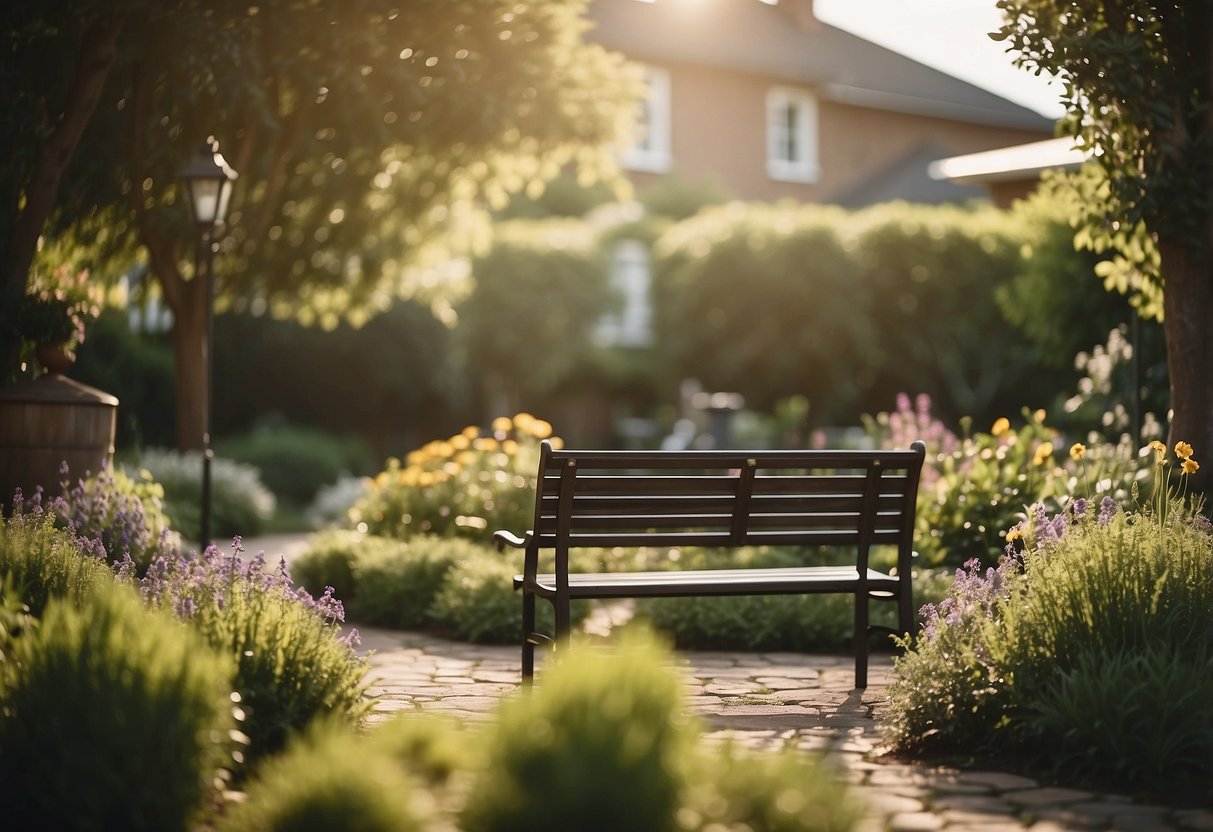 A peaceful garden with a bench surrounded by supportive friends and family members, providing a safe and nurturing environment for a caregiver to find time for themselves while caring for a special needs child