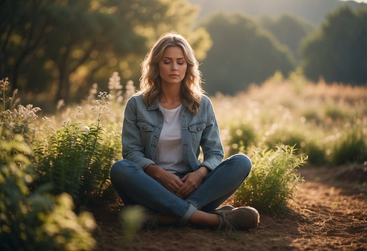 A serene figure sits cross-legged, surrounded by soft morning light. A gentle breeze rustles nearby plants as the figure focuses on their breath, finding peace and calm in the quiet stillness