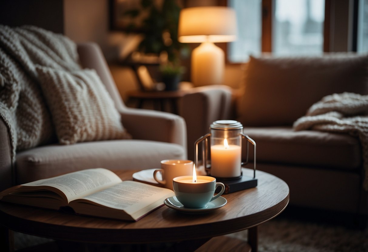 A cozy living room with soft lighting, a warm blanket, and a cup of tea on a side table. A journal and pen sit on a comfortable chair, inviting relaxation and reflection