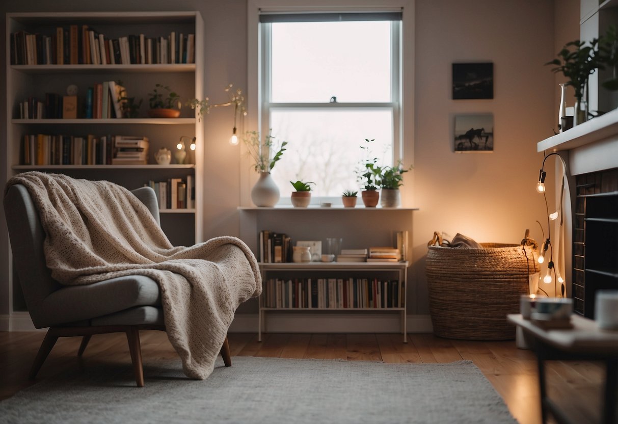 A cozy living room with soft lighting, a comfortable chair, a warm blanket, and a cup of tea on a side table. A bookshelf filled with self-care books and calming artwork on the walls