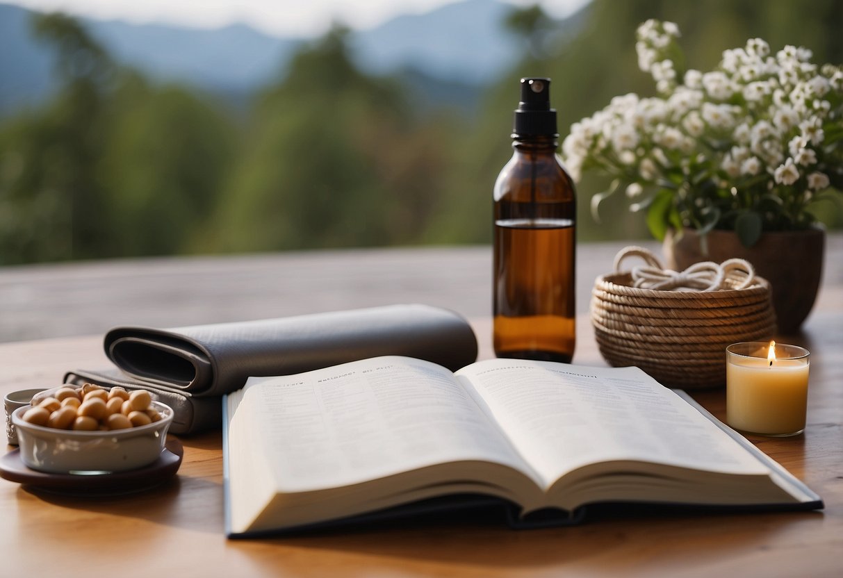 A serene setting with a person's personal items such as a yoga mat, healthy snacks, a journal, and a water bottle. A calendar with scheduled self-care activities and a peaceful atmosphere