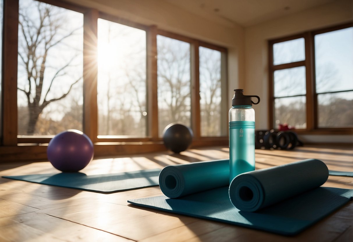 A bright, inviting exercise space with yoga mats, weights, and a water bottle. Sunlight streams in through a window, creating a warm and energizing atmosphere