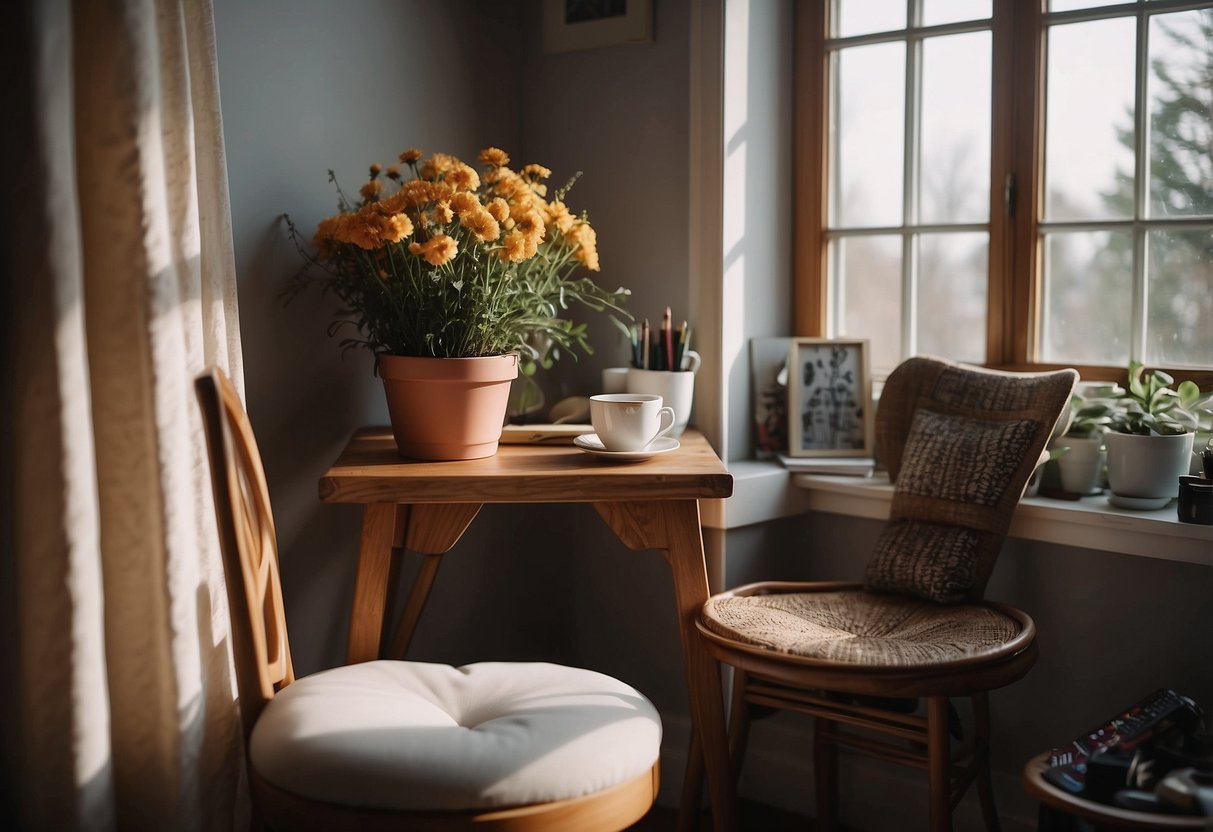 A cozy corner with a comfortable chair, a table with art supplies, and a window with natural light streaming in. A journal and a cup of tea sit nearby, inviting relaxation and creativity