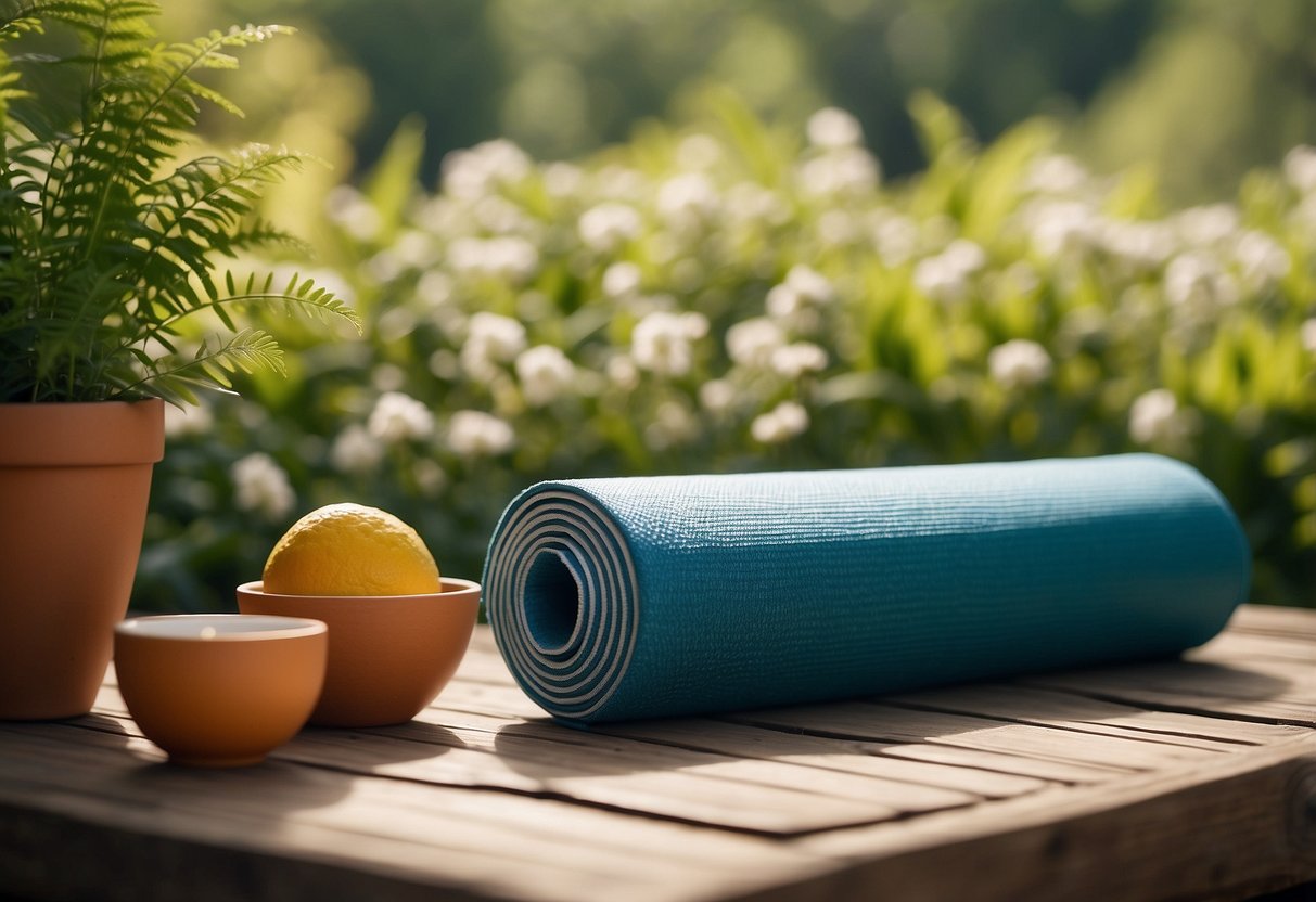 A serene natural setting with a clear blue sky and lush greenery, featuring elements of self-care such as a yoga mat, healthy food, a journal, and a water bottle