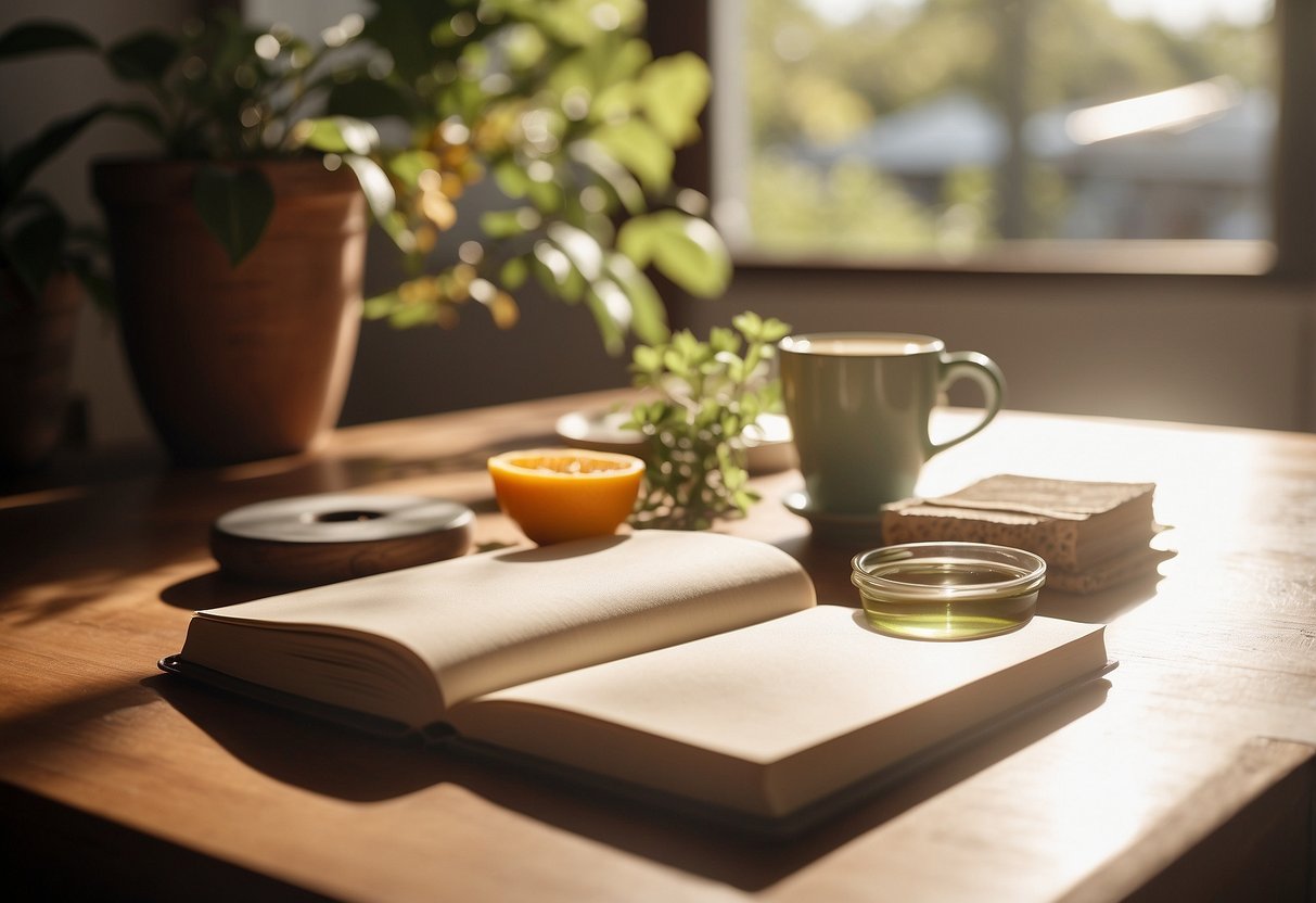 A serene, clutter-free space with a yoga mat, healthy snacks, a journal, and a water bottle. Sunlight streams in through a window, creating a peaceful atmosphere for self-care