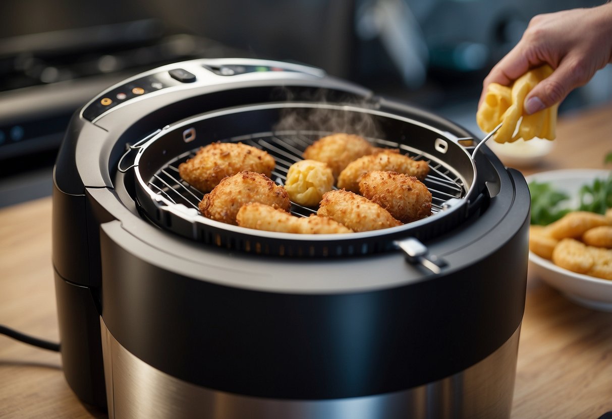 A hot air fryer being cleaned and maintained to fix usage errors