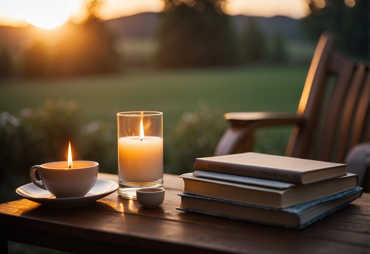 A cozy room with a flickering candle, a stack of books, a soothing playlist, a steaming cup of tea, and a comfortable chair. Outside, the sun sets over a peaceful landscape