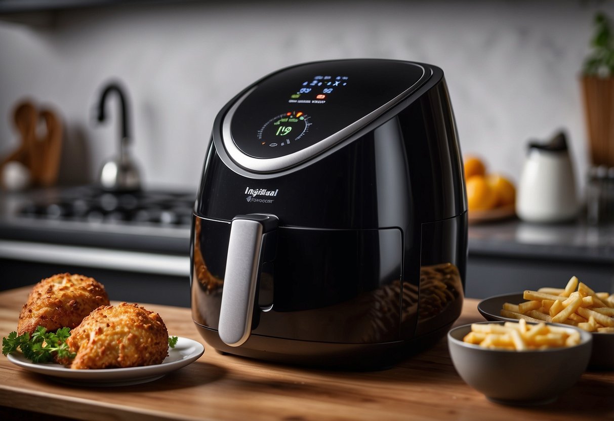 A hot air fryer sits on a kitchen counter, displaying an error message. Advanced tips and functions are highlighted in the manual nearby