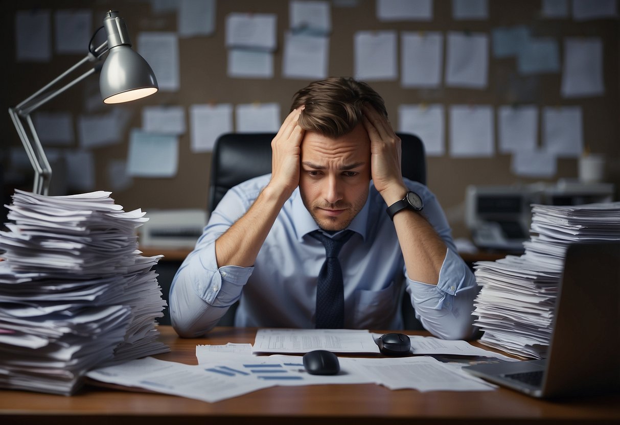 A person sitting at a desk with a hand on their forehead, surrounded by cluttered papers and a computer screen displaying a headache symbol