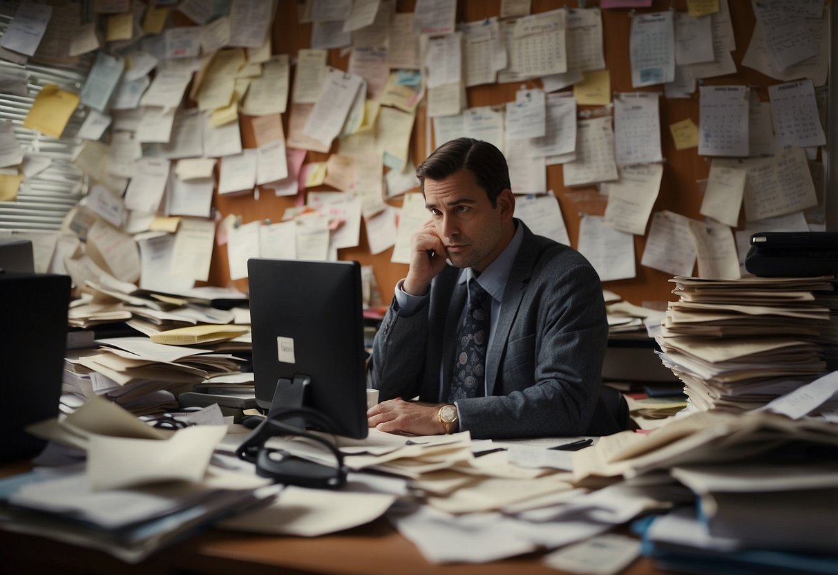 A cluttered desk with scattered papers and a disorganized calendar. A person staring blankly at the computer screen with a furrowed brow. A sense of overwhelm and mental fatigue