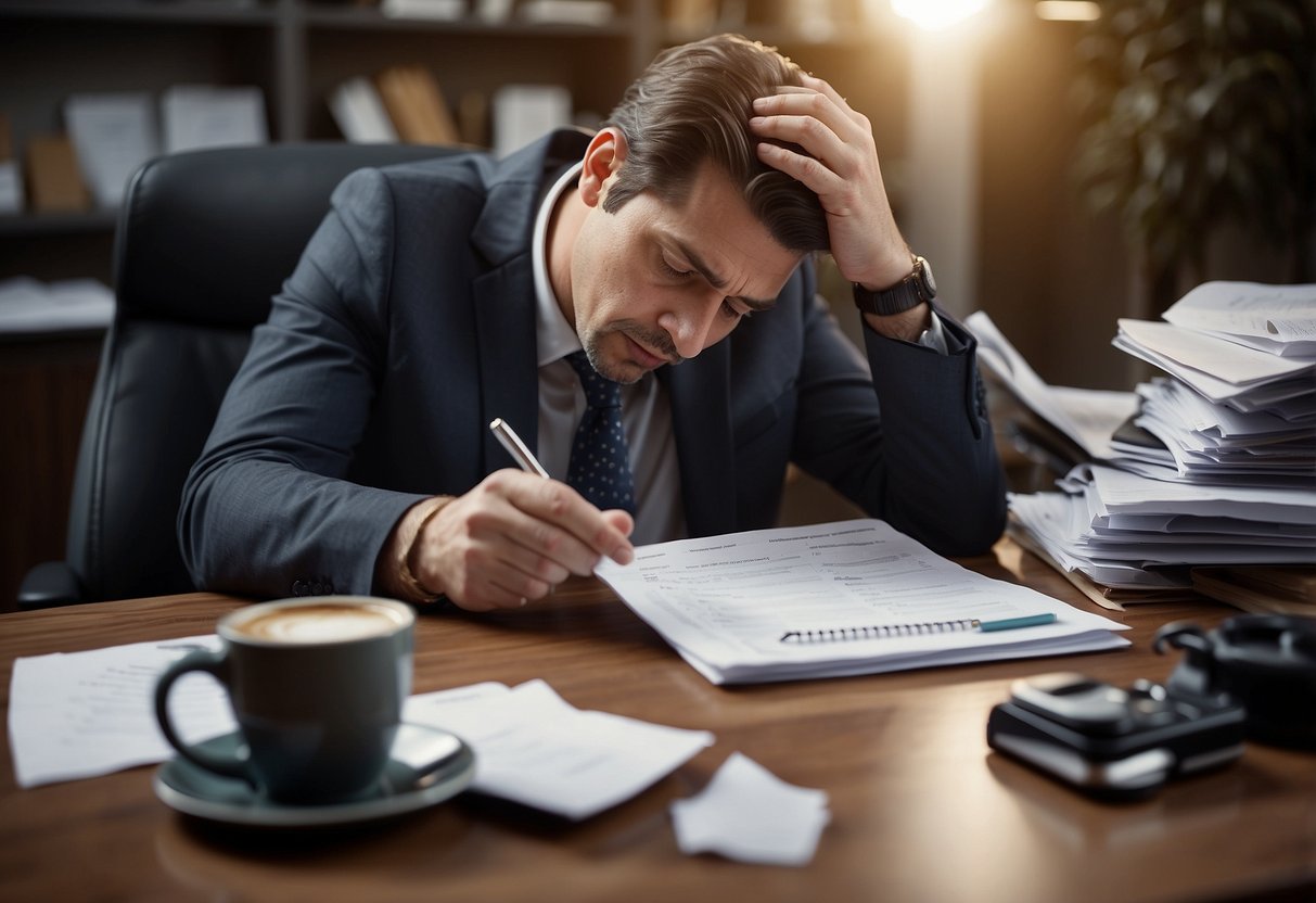 A cluttered desk with scattered papers, a clock ticking loudly, a crumpled to-do list, and a mug of cold coffee. A person sits with their head in their hands, looking exhausted