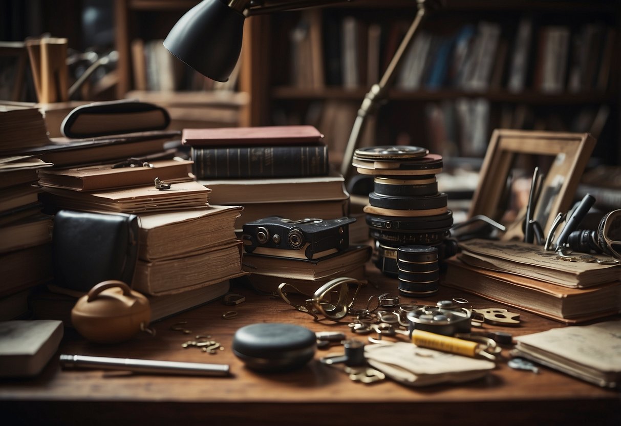 A cluttered desk with neglected art supplies. Dusty books and abandoned musical instruments. Unfinished puzzles and untouched sports equipment. Signs of disinterest in hobbies