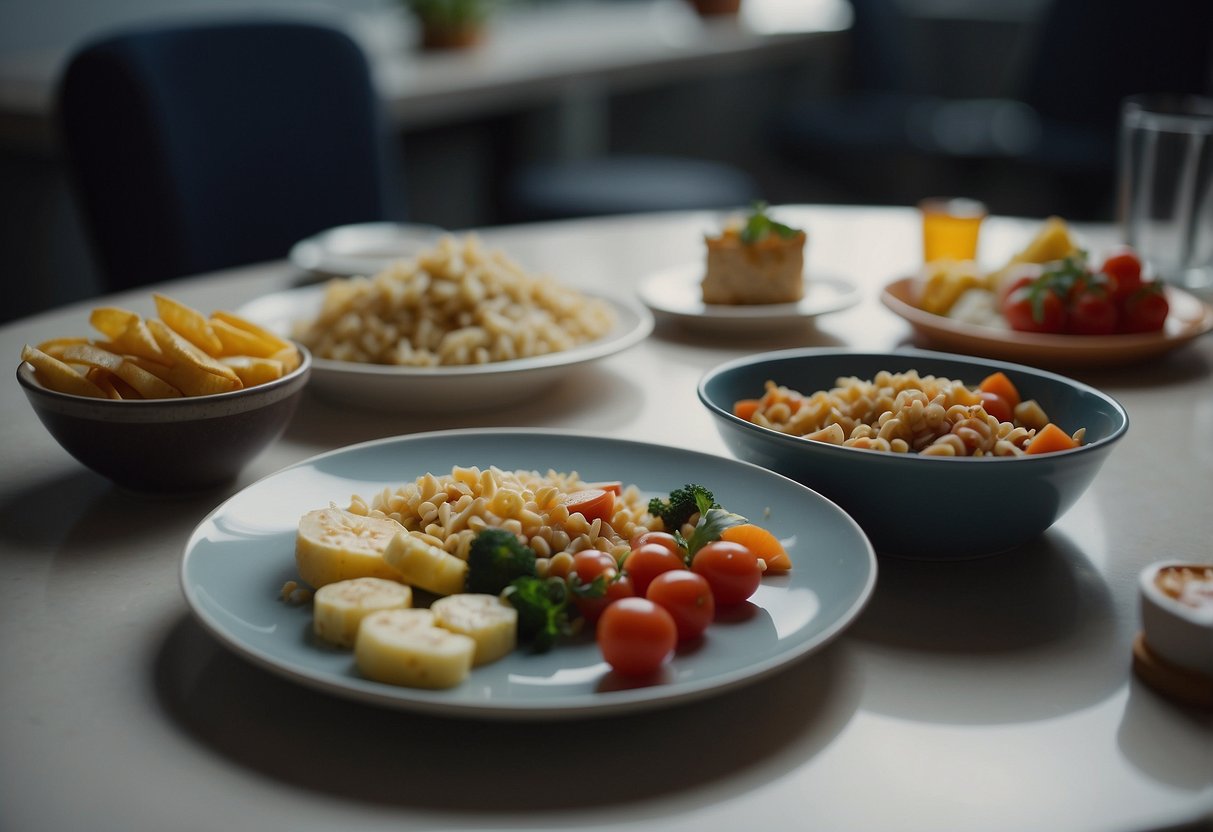 A table with a plate of untouched food next to a half-eaten meal. A scale with fluctuating numbers. A person's frown turning into a smile after taking a break