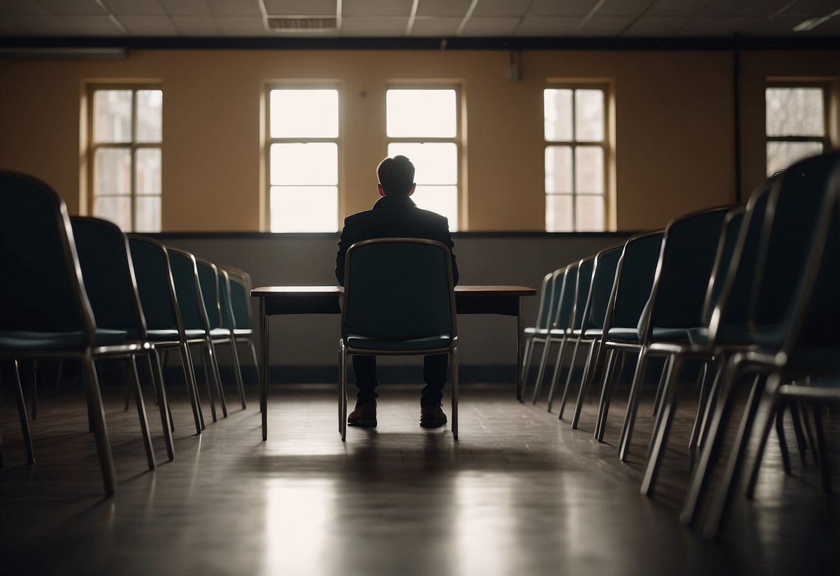 A person sitting alone in a room, surrounded by empty chairs and tables. The room is dimly lit, with a sense of loneliness and isolation