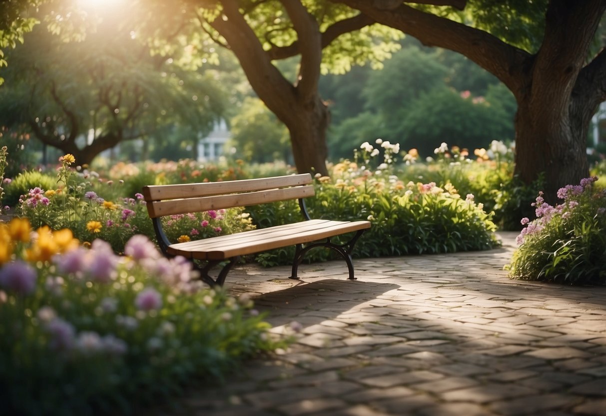 A serene garden with a winding path, surrounded by colorful flowers and lush greenery. A bench sits under a shady tree, inviting relaxation and contemplation