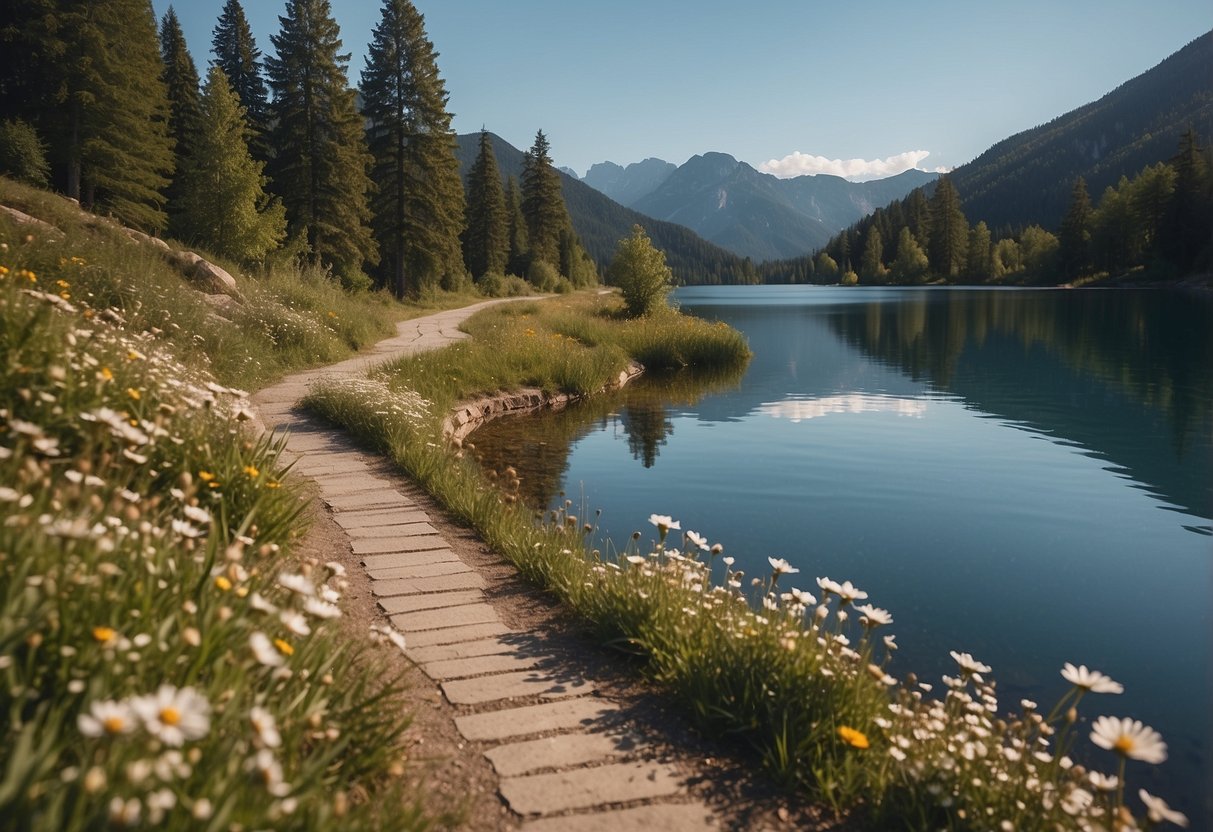 A serene nature scene with a winding path, blooming flowers, a calm lake, and a clear blue sky, representing peace and tranquility