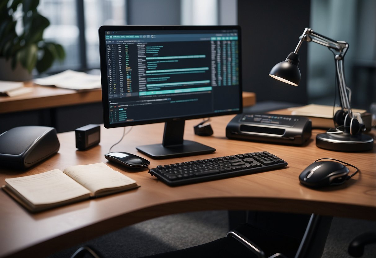 An office desk with a computer screen displaying a call list, a headset, and a notepad with scribbled notes. A "Best AI Cold Calling Software" logo is prominent on the screen