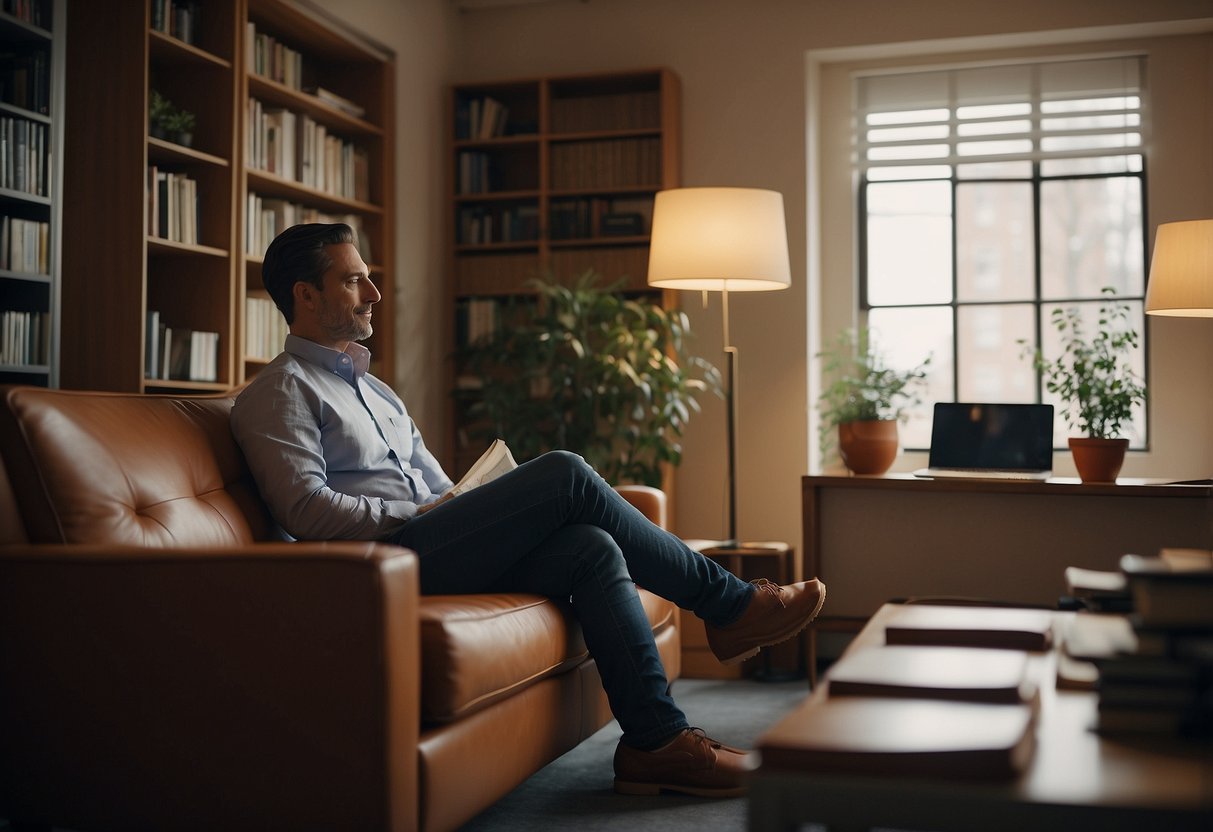 A person sitting in a cozy office, talking to a professional counselor. A serene environment with soft lighting and comfortable seating. Books on mental health and relaxation techniques are visible