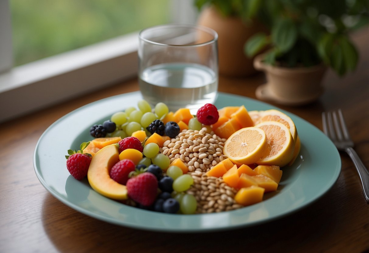 A colorful plate filled with a variety of fruits, vegetables, whole grains, and lean proteins. A glass of water sits next to the plate. A serene and peaceful setting surrounds the meal