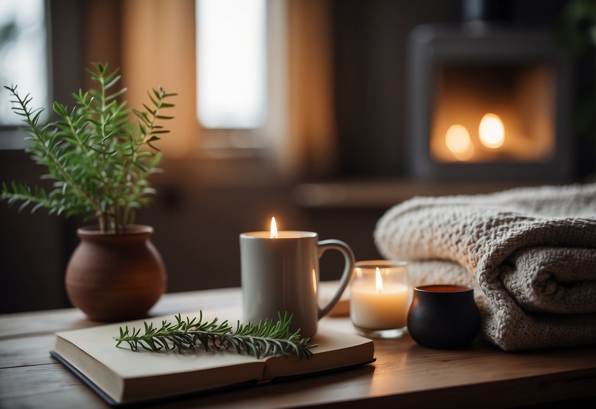 A cozy room with a warm, glowing candle, a plush blanket, a journal, a cup of herbal tea, a potted plant, and a soothing essential oil diffuser