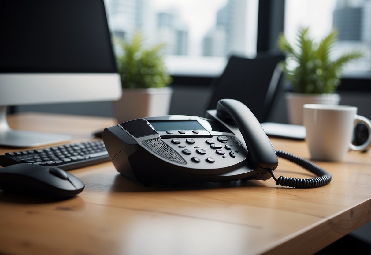 A sleek, modern office desk with a computer displaying AI cold calling software. A phone with a headset sits nearby, ready for use