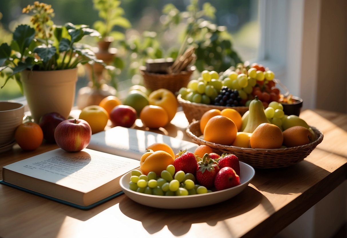 A table set with colorful fruits, vegetables, and whole grains. A yoga mat and running shoes nearby. A book on self-care. Sunlight streaming in through a window