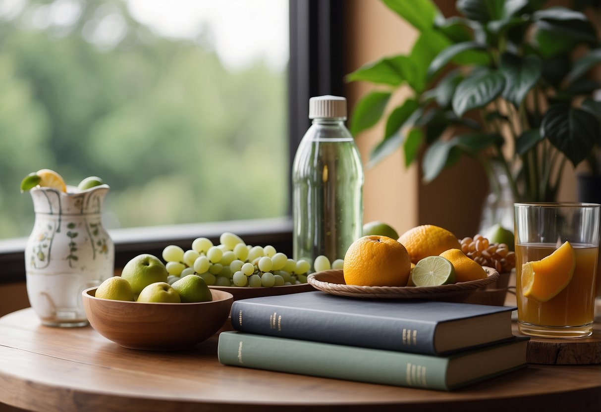 A table with a variety of drinks, fruits, and a water bottle. A cozy blanket and a book on self-care. Plants and natural light in the background