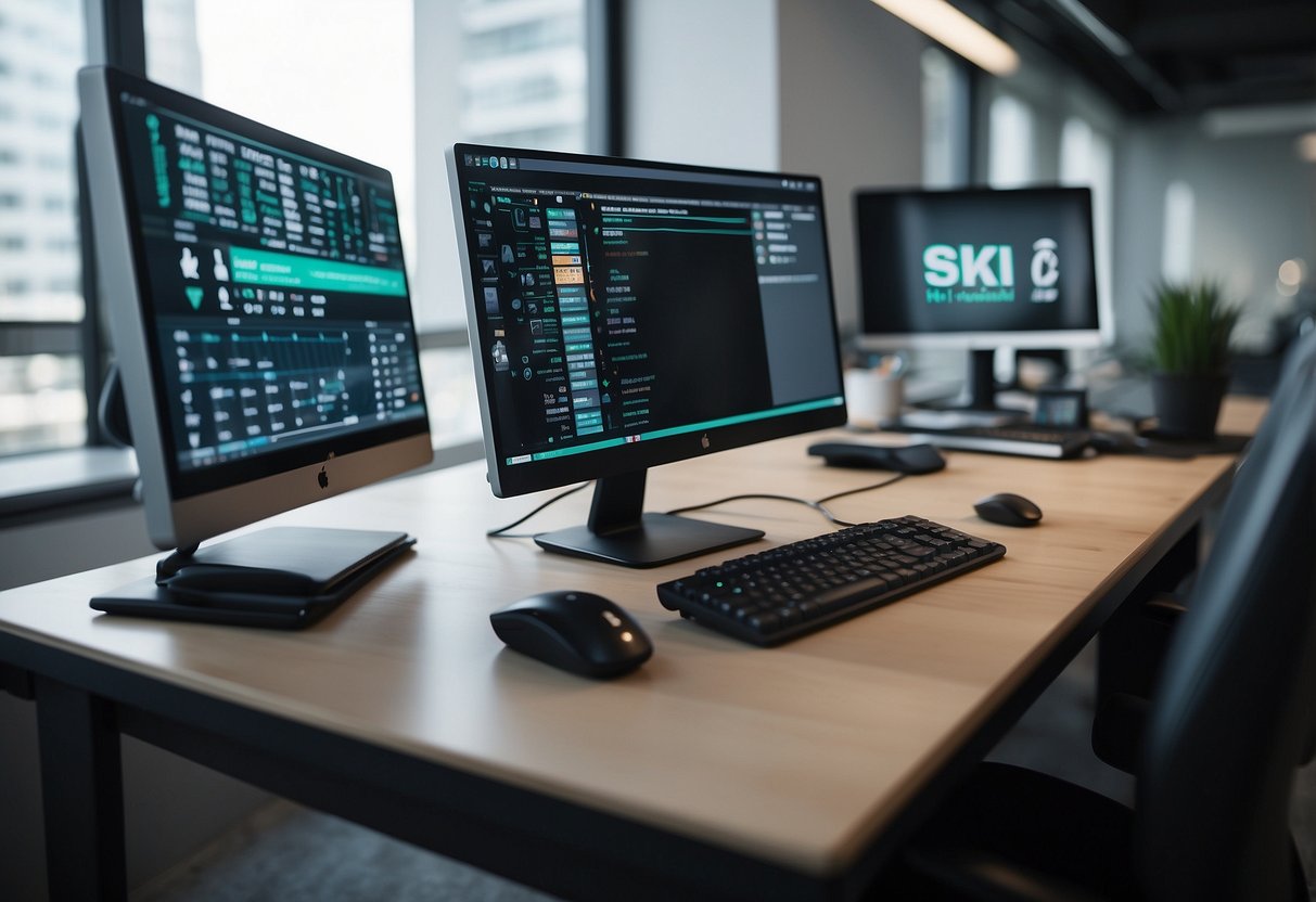 A desk with a computer displaying AI cold calling software logos and names. Phone and headset nearby. Bright, modern office setting