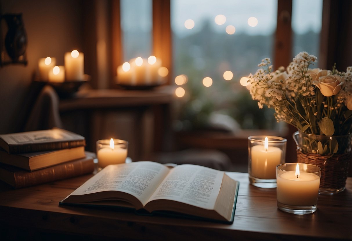 A serene setting with a cozy bath, candles, and a book. A peaceful atmosphere with soft lighting and a sense of relaxation and tranquility