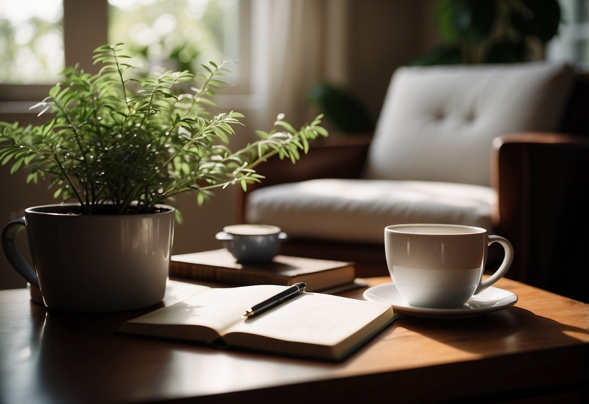 A serene setting with a cozy armchair, soft lighting, and a warm cup of tea. A journal and pen sit nearby, along with a stack of books. A potted plant adds a touch of nature to the scene