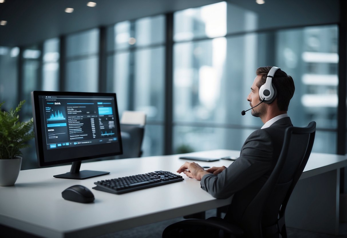 A sleek, modern office setting with a computer screen displaying AI cold calling software. A phone and headset sit on the desk, while a confident, professional atmosphere is evident