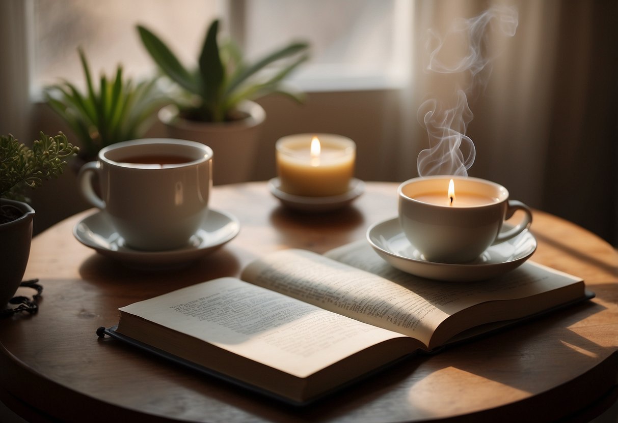 A cozy room with a warm cup of tea, a scented candle, soft music, a journal, and plants. A bubble bath, a good book, and a comfortable robe